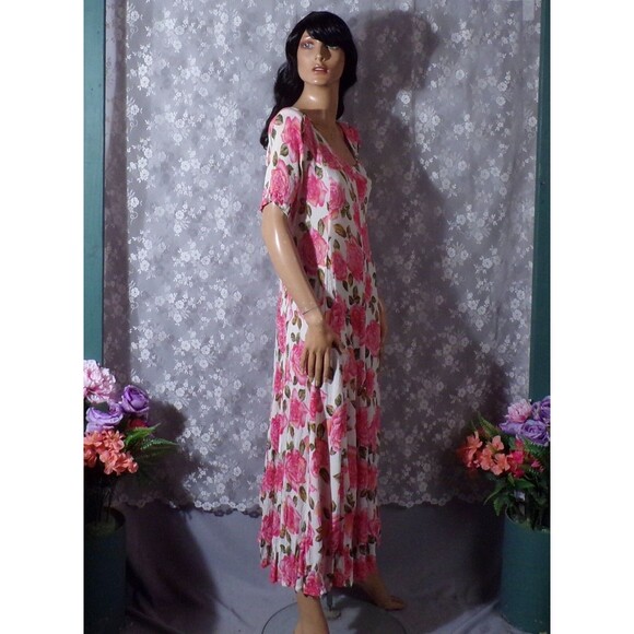 Vintage 90s Floral Rayon Dress 1990s Pink & White Spring Cottage Size Medium - Picture 3 of 6